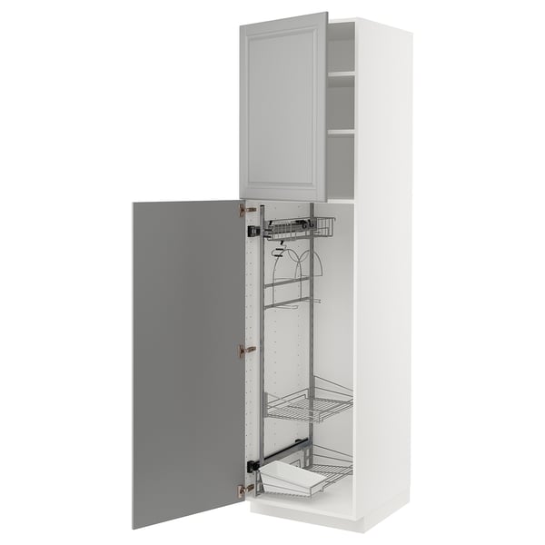 White METOD kitchen cabinet with grey door, pull-out shelves, and bevelled edges.