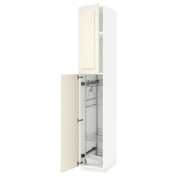 White kitchen cabinet, off-white door, beveled edges, metal shelves.