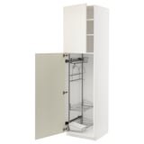 METOD off-white kitchen cabinet, white shelves, pull-out organizer, beveled door.