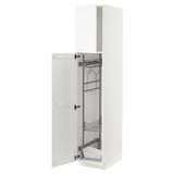 A white METOD kitchen cabinet with one door open, revealing pull-out organizers inside.