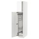 A white METOD kitchen cabinet with one door open, revealing pull-out organizers inside.