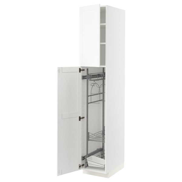 White kitchen cabinet with pull-out shelves, modern design.