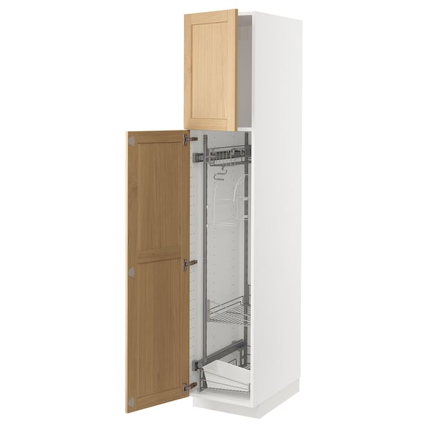 METOD kitchen cabinet in white with oak door, open to show shelves, hinge visible.