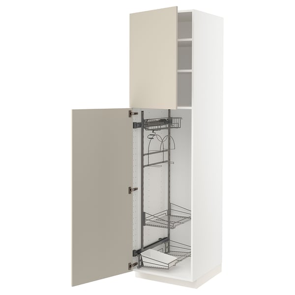 A tall white METOD cabinet with beige havstorp doors, featuring pull-out organizers and nickel-plated hinges.