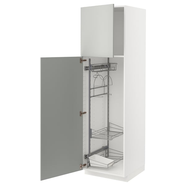 Open white cabinet with light grey door, metal shelves, hinge and damper. Modern, organized storage.