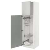 Open white cabinet with light grey door, metal shelves, hinge and damper. Modern, organized storage.