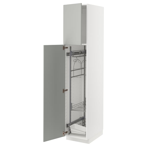 A white METOD kitchen cabinet with grey shelves. Its tall and rectangular, featuring modern clean design.