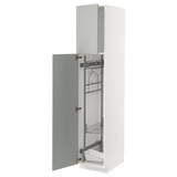 A white METOD kitchen cabinet with grey shelves. Its tall and rectangular, featuring modern clean design.
