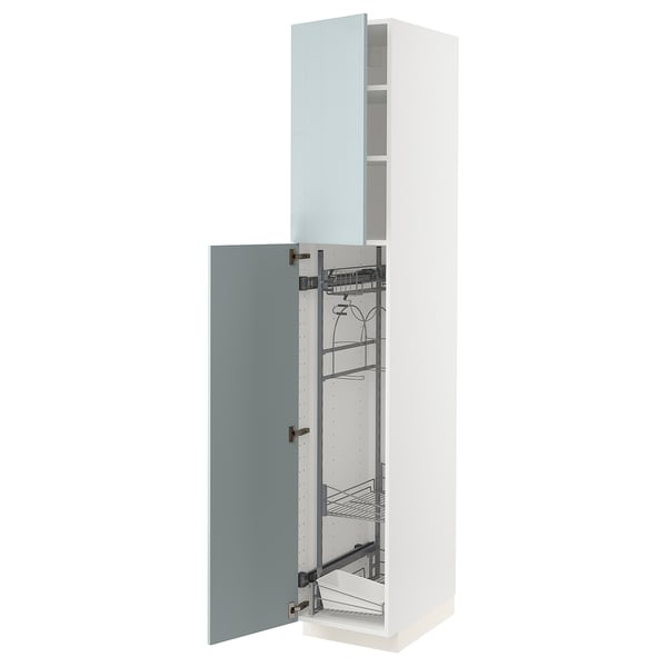 White METOD kitchen cabinet with grey-blue door open, revealing pull-out storage racks.