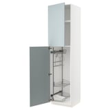 An open white cabinet with blue-gray doors, featuring pull-out shelves.