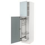 Modern white kitchen cabinet with blue door, pull-out shelves, and nickel handles.