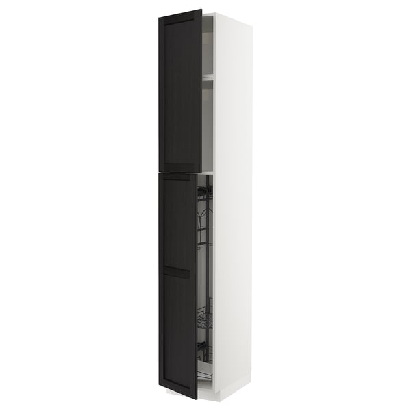METOD kitchen cabinet, black-stained wood, tall, white frame, bevelled edges, with pull-out organizers.