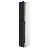 METOD kitchen cabinet, black-stained wood, tall, white frame, bevelled edges, with pull-out organizers.