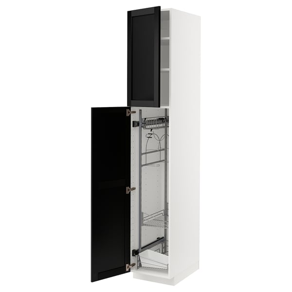 Open white METOD cabinet with black doors, wire shelves inside, set against white background.