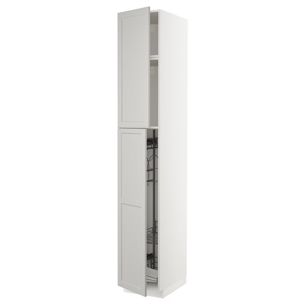 METOD white cabinet with pull-out organizers, modern design, birch & particleboard.