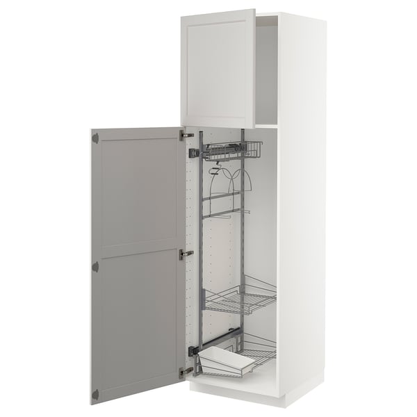 White IKEA METOD kitchen cabinet with grey lerhyttan door, open showcase with shelves.