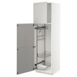 White IKEA METOD kitchen cabinet with grey lerhyttan door, open showcase with shelves.
