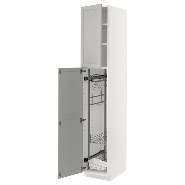 White METOD tall kitchen cabinet with pull-out organizers, light grey doors, beveled edges.