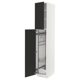 Open white storage cabinet with black doors showcasing internal shelves and organizers.