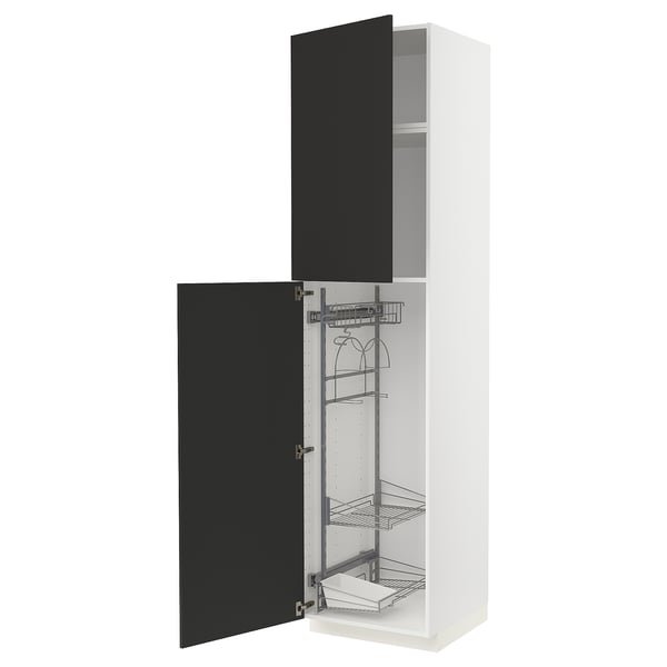 A METOD kitchen cabinet with black nickebo doors, featuring wire shelving inside.