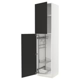 A METOD kitchen cabinet with black nickebo doors, featuring wire shelving inside.