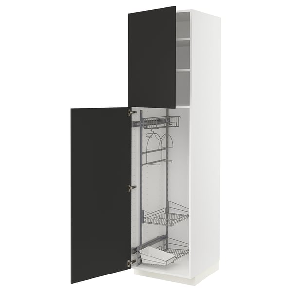 A white METOD kitchen cabinet with a black door, featuring pull-out organizers and shelves inside.