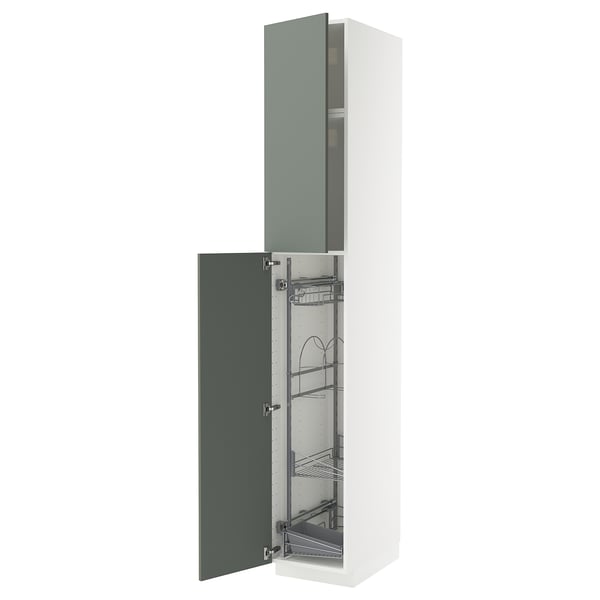 A white METOD kitchen cabinet with grey-green doors, partially open. It has multiple shelves inside.