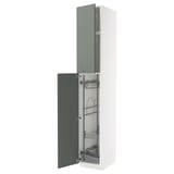 A white METOD kitchen cabinet with grey-green doors, partially open. It has multiple shelves inside.
