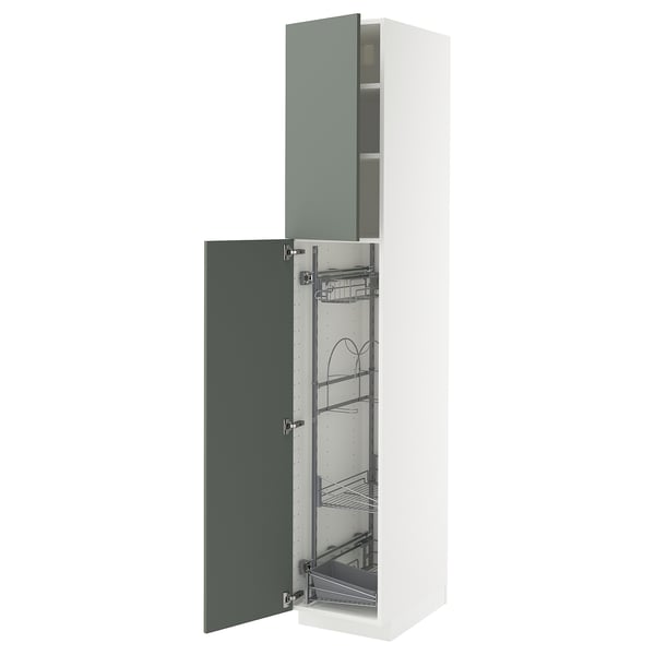 Modern white METOD kitchen cabinet with greenish-gray doors and pull-out storage.