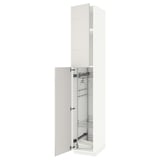 A white METOD kitchen cabinet with sliding door and internal pull-out organizers.