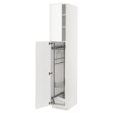 White METOD kitchen cabinet with wire shelves and open door.