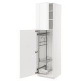White METOD kitchen cabinet with pull-out organizers and glass door.