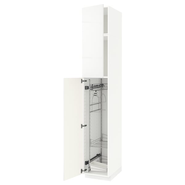 A white, tall, modern METOD kitchen cabinet with a sleek design and multiple pull-out organizers for storage.