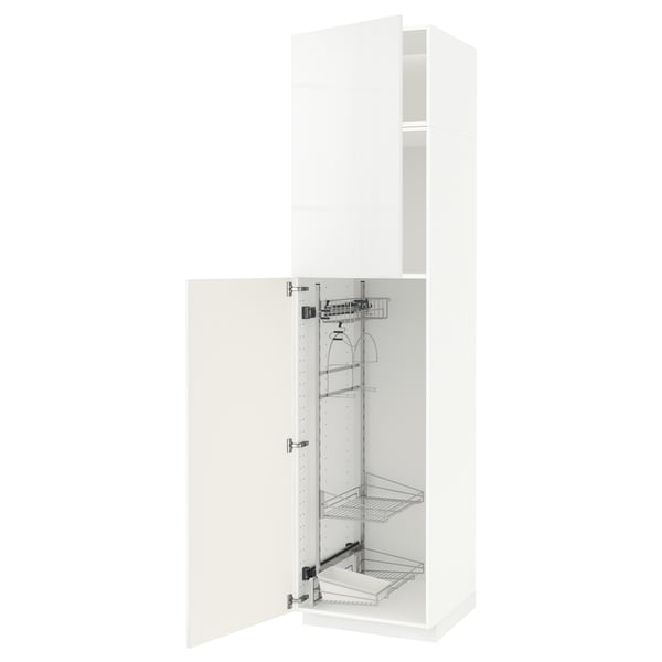 White METOD cabinet with pull-out shelves, modern high-gloss design.