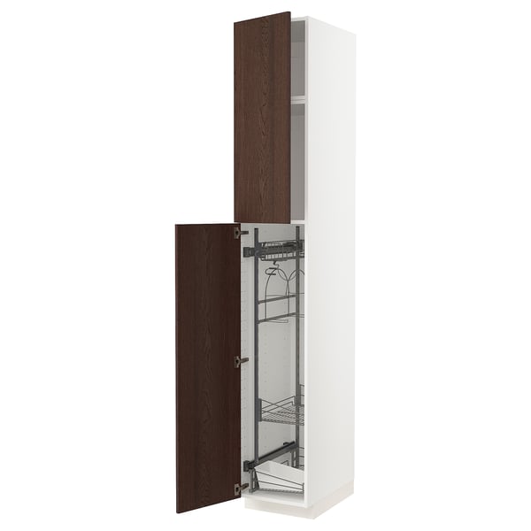 A white METOD kitchen cabinet with dark brown sinarp doors, featuring pull-out organizers.
