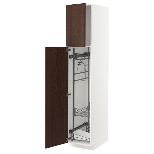White METOD kitchen cabinet with dark brown sinarp door, wire shelves, and wooden edge detailing.