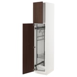 White METOD kitchen cabinet with dark brown sinarp door, wire shelves, and wooden edge detailing.