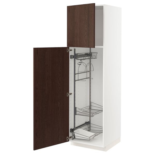 Depicts an open white METOD kitchen cabinet with dark brown sinarp wood doors. It includes several wire shelves and organizers inside.