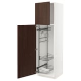 Depicts an open white METOD kitchen cabinet with dark brown sinarp wood doors. It includes several wire shelves and organizers inside.