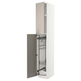 A white METOD kitchen tall cabinet with a beige door and black interior pull-out shelves.