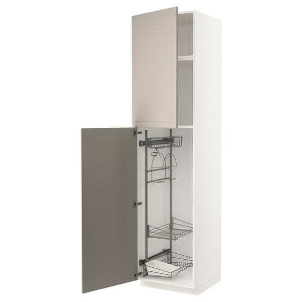 This image shows a tall, white, METOD kitchen cabinet with a beige door, featuring pull-out organizers. It has a modern, clean design.
