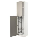 This image shows a tall, white, METOD kitchen cabinet with a beige door, featuring pull-out organizers. It has a modern, clean design.