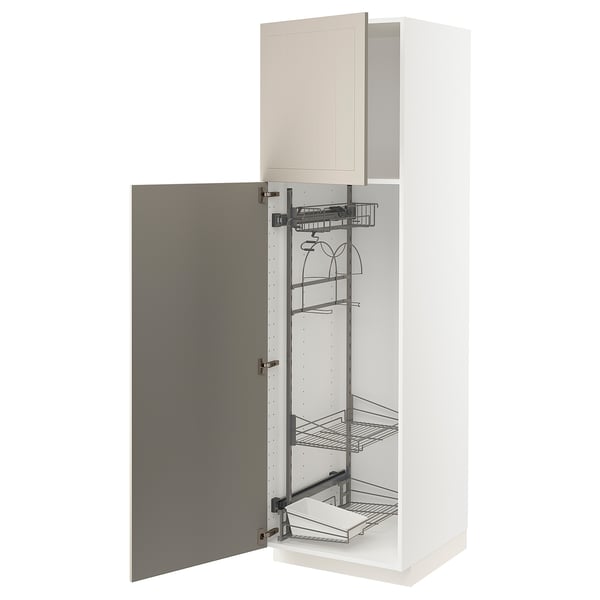 METOD white kitchen cabinet, beige door, wire shelves.