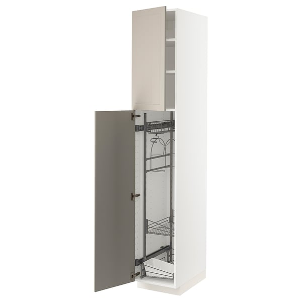 A white METOD kitchen cabinet with a beige door, featuring pull-out organizers and a sturdy frame.