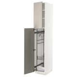 A white METOD kitchen cabinet with a beige door, featuring pull-out organizers and a sturdy frame.