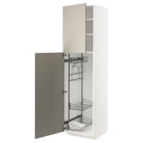 A white METOD tall cabinet with beige doors, featuring pull-out organizers and a sturdy frame.