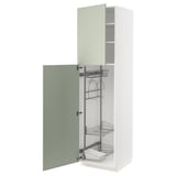 Open kitchen cabinet in green with metal pull-out shelves, viewed from the side.