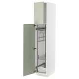 White METOD kitchen cabinet with green door, pull-out shelves, and metal handles.