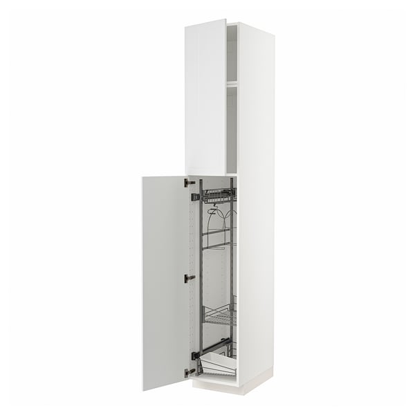 White tall kitchen cabinet with pull-out shelves.
