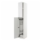 White tall kitchen cabinet with pull-out shelves.